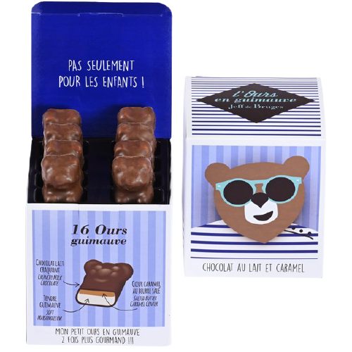 Škatuľka so 16 penovými medvedíkmi marshmallow DUO v mliečnej čokoláde s karamelom 245 g